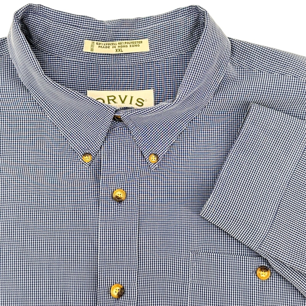 ORVIS Men's XXL Button Down Shirt Blue Gingham Performance Long Sleeve